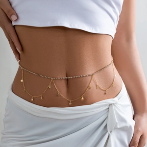 Golden rhinestone waist chain for women with delicate star charms and layered body link