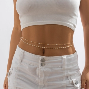 Sexy Minimaliste Double Couche Plaqué Or Cuivre Chaîne de Taille Avec Imitation de Künstliche Perle Gland Body Chain Femme Plage Fête