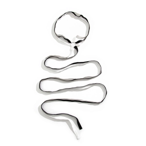 Detail of minimalist black and white elastic leg chain with a metal ring on white background