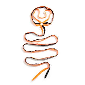 Detail of orange and black elastic leg chain with a silver metal connector ring