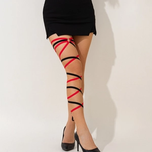 Detail of red and black elastic leg chain with metallic ring and crisscross straps