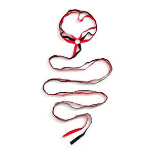 Detail view of red and black elastic leg chain with a central silver metal ring