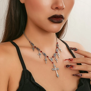 Vintage Gothic Cross Pendant Necklace Alloy Metal With Red Glass Beads Retro Punk Style Jewelry For Women