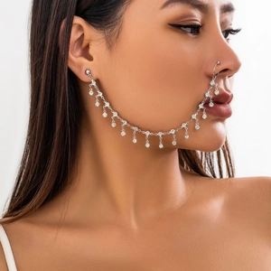 Ethnic Western Style Alloy Rhinestone Tassel Nose Ring To Ear Chain For Women Stage Performance Bohemian Body Jewelry