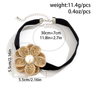 Detail of black velvet choker with rhinestone flower charm and pearl center
