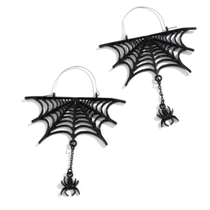 Detail of black gothic spider web earrings with dangling spider charm for Halloween