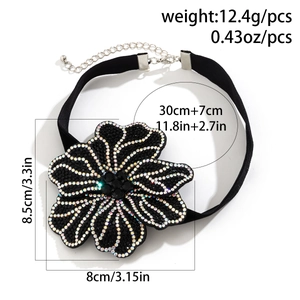Detailed dimensions of black rhinestone flower choker necklace with velvet strap