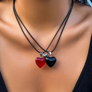 Vintage Gothic Magnetic Heart Couple Necklace Bracelet Set For Valentine's Day Red Black Resin Bead Iron Chain Jewelry