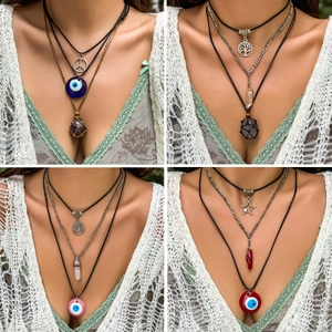 Böhmische Mehrlagige Halskette Für Damen Böser Blick Lebensbaum Hamsa Hand Stern Flügel Blatt Anhänger Wachsschnur Holzperle Kunstperle Stein Ethno Schmuck