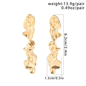 Detailed view of gold irregular lava-style earrings showing 6.2cm length and 13.9g weight
