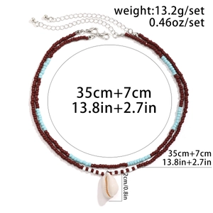 Detail of beach style beaded necklaces with white shell pendant and sizing information