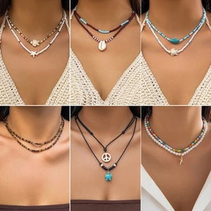 Bohemian Beaded Double Layer Necklace For Women Handmade Shell Starfish Turtle Pendant Choker Coastal Beach Jewelry