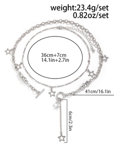 Detailed silver-tone layered star necklace set with toggle clasp and bead chain dimensions