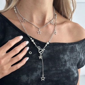 Sparkling silver star pendant layered necklace set with rhinestones and OT clasp