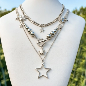 Silver multi-layer star pendant necklace set with CCB beads and chunky cuban chains