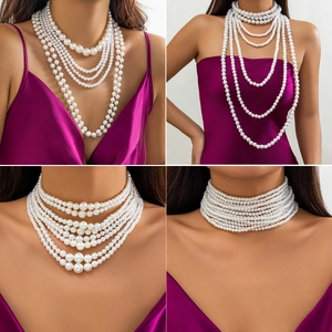 Elegante Collar de Gargantilla de Perlas Artificiales de Imitación de Varias Capas para Mujer Cuentas Barrocas Aleación Joyería Retro de Fiesta
