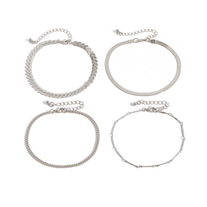 Detail showing four silver-tone punk chain styles with heart beads and lobster clasps