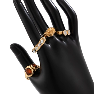 Vintage Ring-Set in Gold mit geometrischen braunen Edelsteinen und strukturiertem Löwenkopf