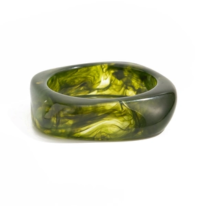 Detailed view of translucent dark green acrylic bangle with marble smoke texture