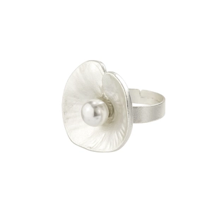 Detailed macro view of irregular folded petal ring with a white imitation pearl center