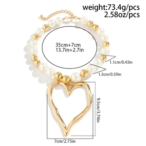 Detailed size chart showing massive hollow heart pendant and mixed pearl bead necklace specs