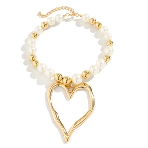 Irregular lava heart pendant necklace with mixed faux pearls and golden metal beads