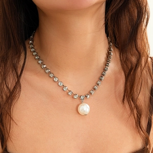 Elegant Gothic layered choker necklace with crystals and large white pearl pendant