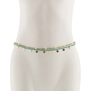 Detail of double-layer waist chain with blue beads, gold sequins and pearls for women