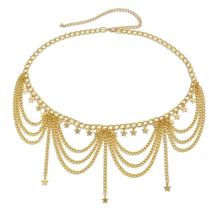Detail view of multi-layer golden waist chain with tassel fringes and polished star charms