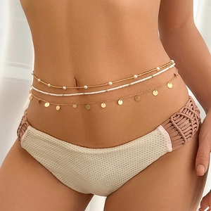 Three-layer bohemian waist chain set with gold sequins and white seed beads for beach wear