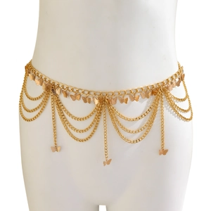 Detailed close-up of a layered gold body chain featuring hanging butterfly pendants