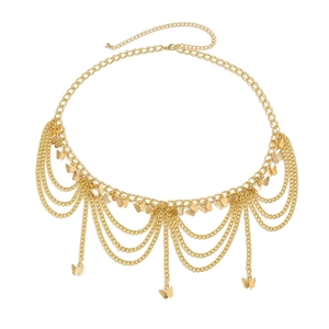 Detailed close-up of golden multi-layer waist chain featuring delicate butterfly pendants