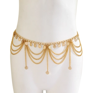 Detail view of multi-layer gold waist chain featuring vintage coin charms and bohemian layers