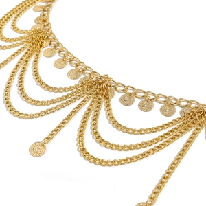 Detailed close-up of gold layered waist chain featuring embossed coin pendants and links