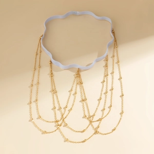 Detail view of multi-layer gold thigh chain with small beads and white elastic band