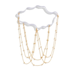 Macro shot of multi-layer golden butterfly tassel leg chain with elastic white thigh band