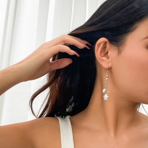 Détail d'une boucle d'oreille pompon en perle argentée portée par un mannequin