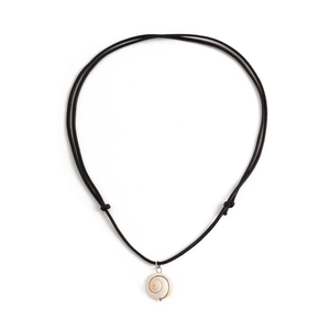 Detailed macro view of natural white spiral seashell pendant on black wax cord necklace