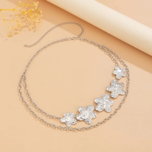 Silver double layer waist chain featuring five textured metallic flower pendants