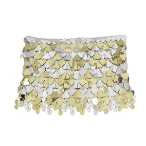 Detail of interlocking gold and silver metal heart sequins on a beach body chain skirt