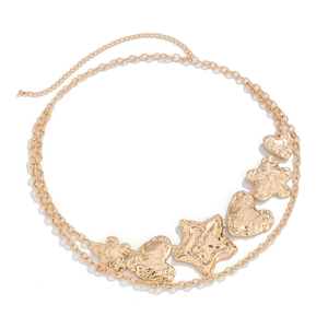 Double-layered gold metal waist chain featuring textured heart and star charms with lobster clasp