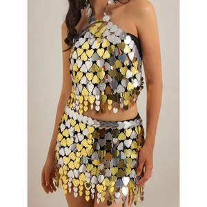 Sexy gold and silver heart sequin body chain two-piece set for beach and festival wear
