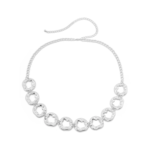 Close-up of silver textured ring body chain with hammered finish and adjustable link