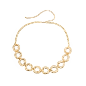 Sexy golden body chain featuring irregular hammered rings and adjustable link chain links
