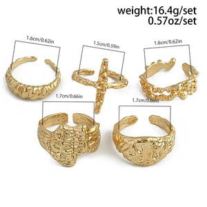 Detailed size and weight chart for five-piece gold irregular lava texture ring set