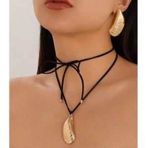 Collar Gargantilla Con Colgante de Lágrima de Aleación Raya Irregular Metal Lazo Cordón Negro Joyería Para Mujer