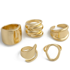 5-piece set of irregular polished gold rings in lava and minimalist geometric styles