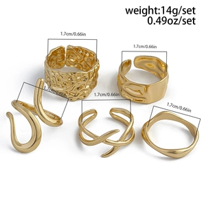 Set of five irregular gold rings showing 1.7cm diameter and 14g weight details