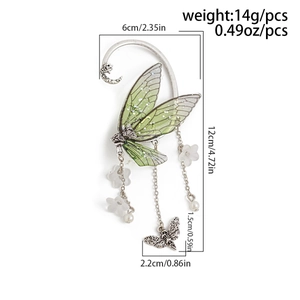 Elf ear cuff with green butterfly wings and pearl tassel pendant details