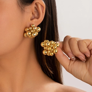 Polished gold cluster bead earrings with a geometric stacked ball design for women